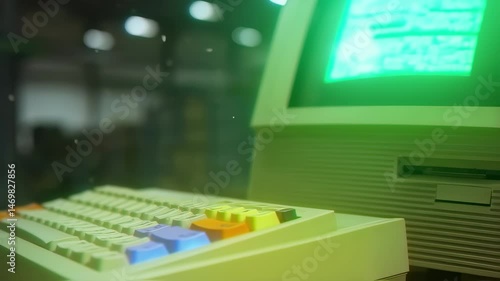 Green computer monitor with a green screen. The screen is filled with a green line. The computer is turned on and is in a room