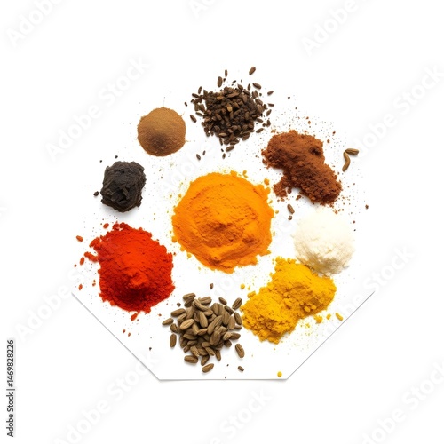 different herbs and spices on a white background