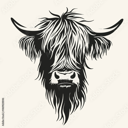 Minimalist Highland Cow Head Vector Illustration With Long Hair And Horns
