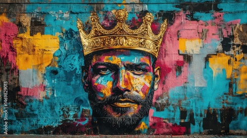 Vibrant Urban Mural of a Regal Figure with Colorful Face Paint and Golden Crown on a Graffiti Background