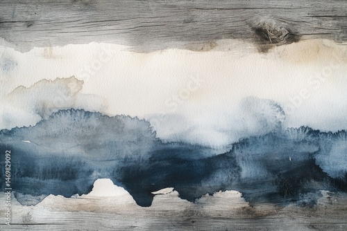 Abstract watercolor landscape painting on wood, depicting a serene, hazy seascape in muted blues and grays.