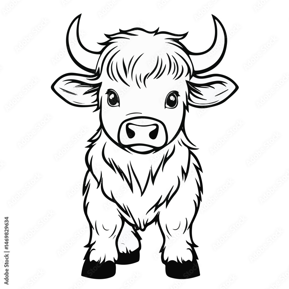 Cute Cartoon Yak Vector Illustration Outline Style Fluffy Animal Design For Coloring Book Cute Cartoon Yak Vector Illustration Outline Style Fluffy Animal Design For Coloring Book