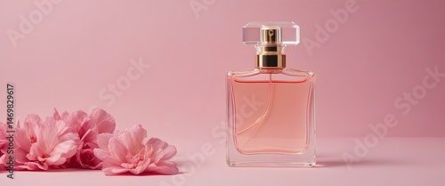 Perfume bottle near flower petals. Pink shades