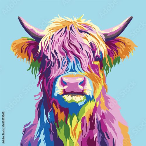 Vivid Highland Cow Portrait In Pop Art Style Against Light Blue Backdrop