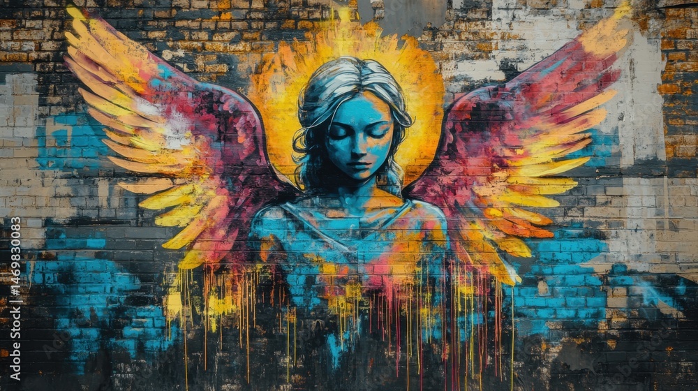 Obraz premium Vibrant Urban Angel Mural with Colorful Wings and Expressive Face on Brick Wall Street Art