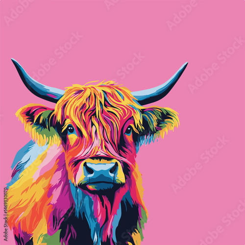 Vibrant Highland Cow Portrait Illustrated On Pink Background In Pop Art Style