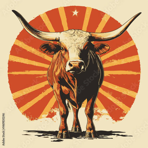 Texas Longhorn Bull With Retro Sunburst Design For Western Or Patriotic Theme