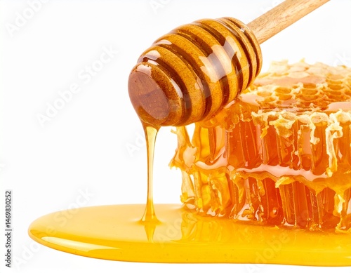 Honeycomb with dripping honey on white-transparent background