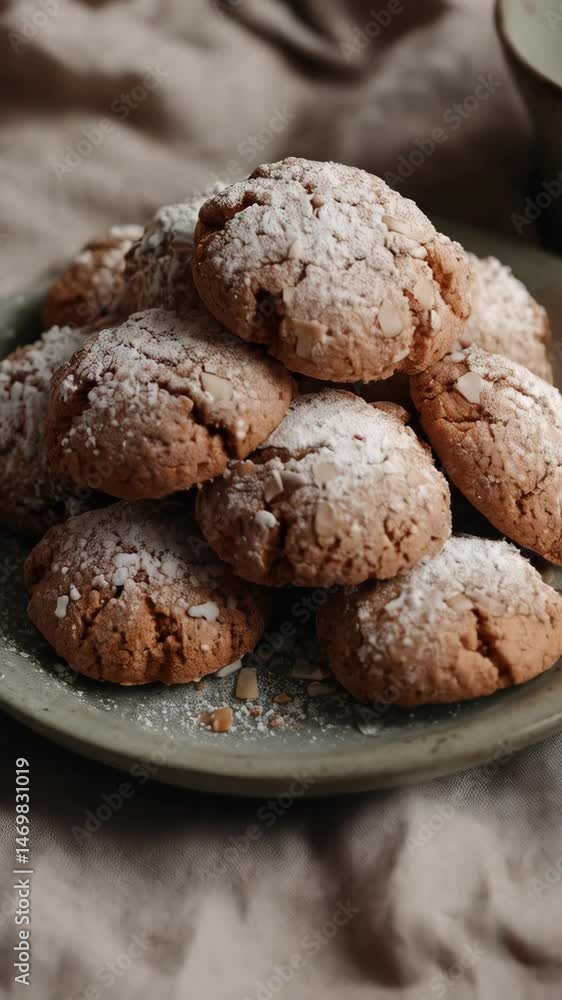 Pile of almond cookies dusted with powdered sugar served on rustic green plate and neutral background, with soft natural lighting. Pile of almond cookies dusted with powdered sugar served on rustic green plate and neutral background, with soft natural lighting.