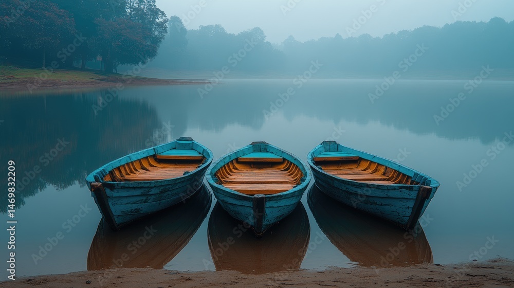 Naklejka premium Three vintage wooden boats resting on a tranquil lake.