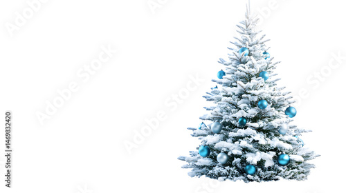 Elegant Snowy Christmas Tree with Blue Ornaments Isolated on Transparent Background