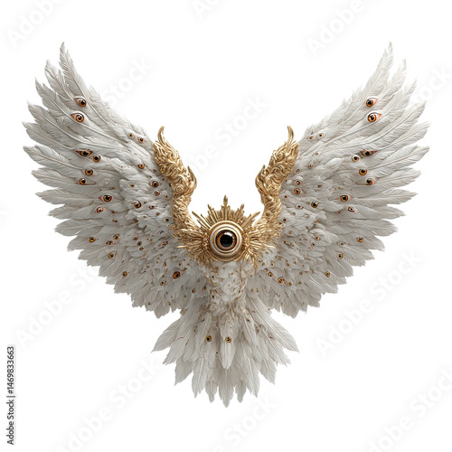 An ethereal white seraphim creature unfolds its magnificent wings adorned with many watchful eyes, emanating a powerful and otherworldly presence of divine grace.