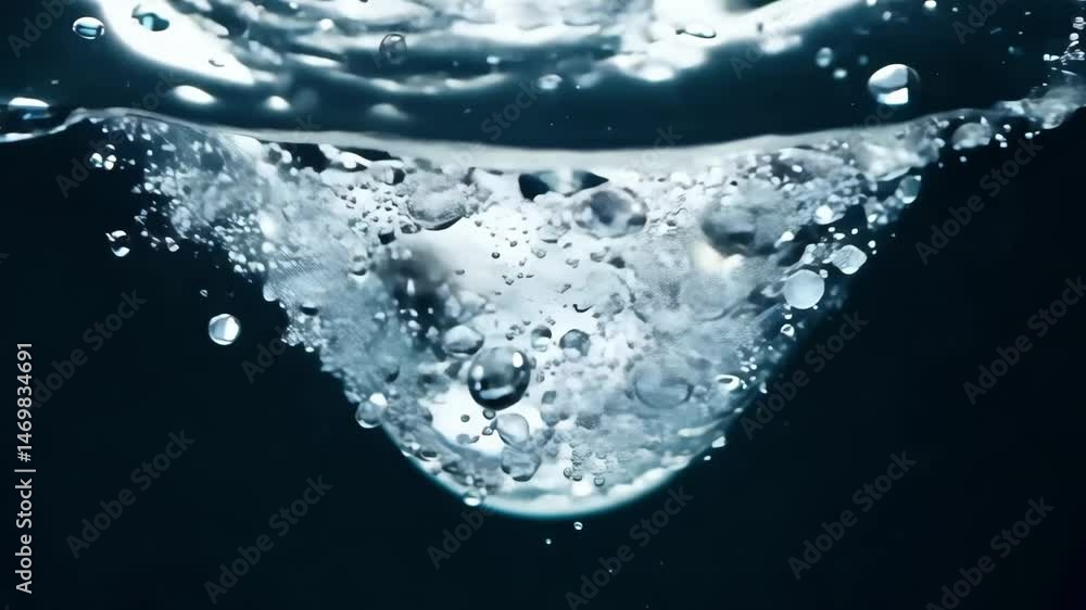 Air bubbles rise in clear water forming beautiful patterns underwater, symbolizing freshness, clarity, and motion, suitable for concepts of hydration, purity, and clean fluid visuals.