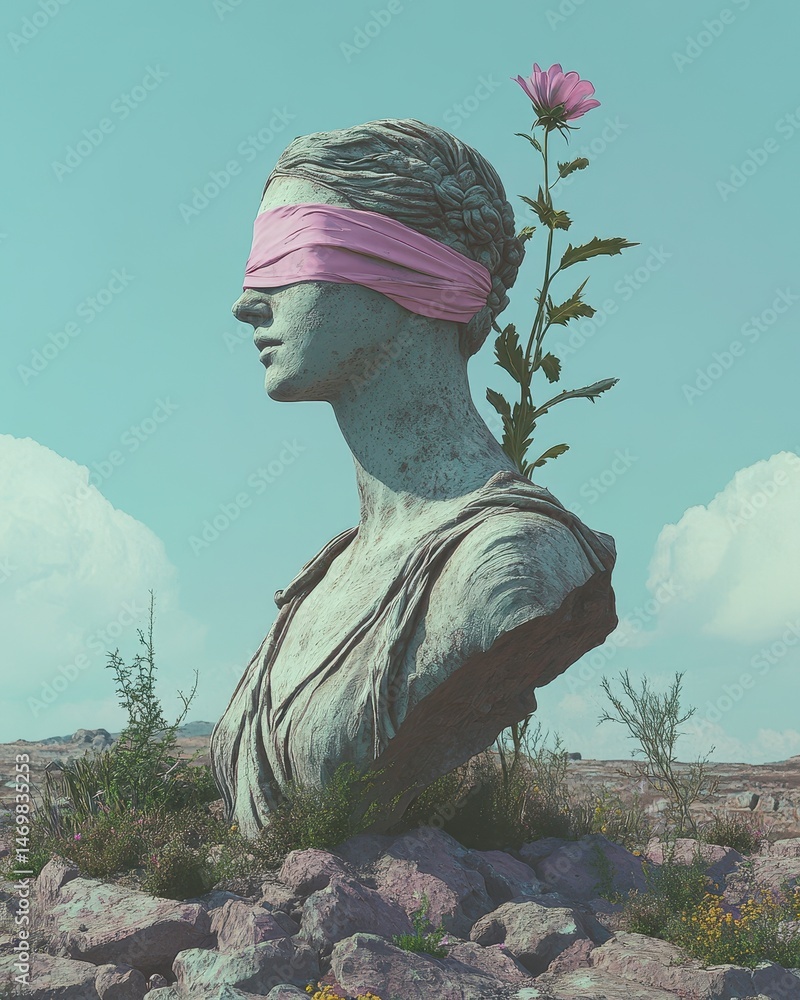 Obraz premium Gray Stone Bust with Pink Blindfold and Flower in Pixel Art Style