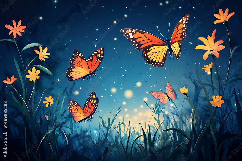 Colorful butterflies fluttering among vibrant flowers in a serene twilight garden scene Colorful butterflies fluttering among vibrant flowers in a serene twilight garden scene