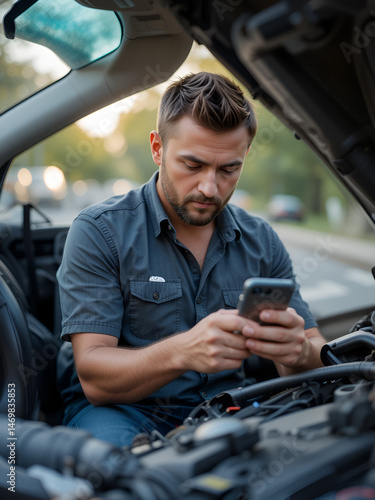Upset man texting roadside assistance after breaking down