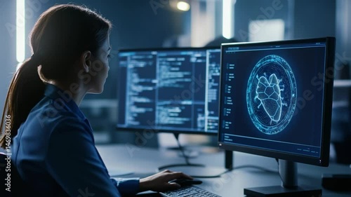 Focused female developer coding software with anatomical heart display on screen