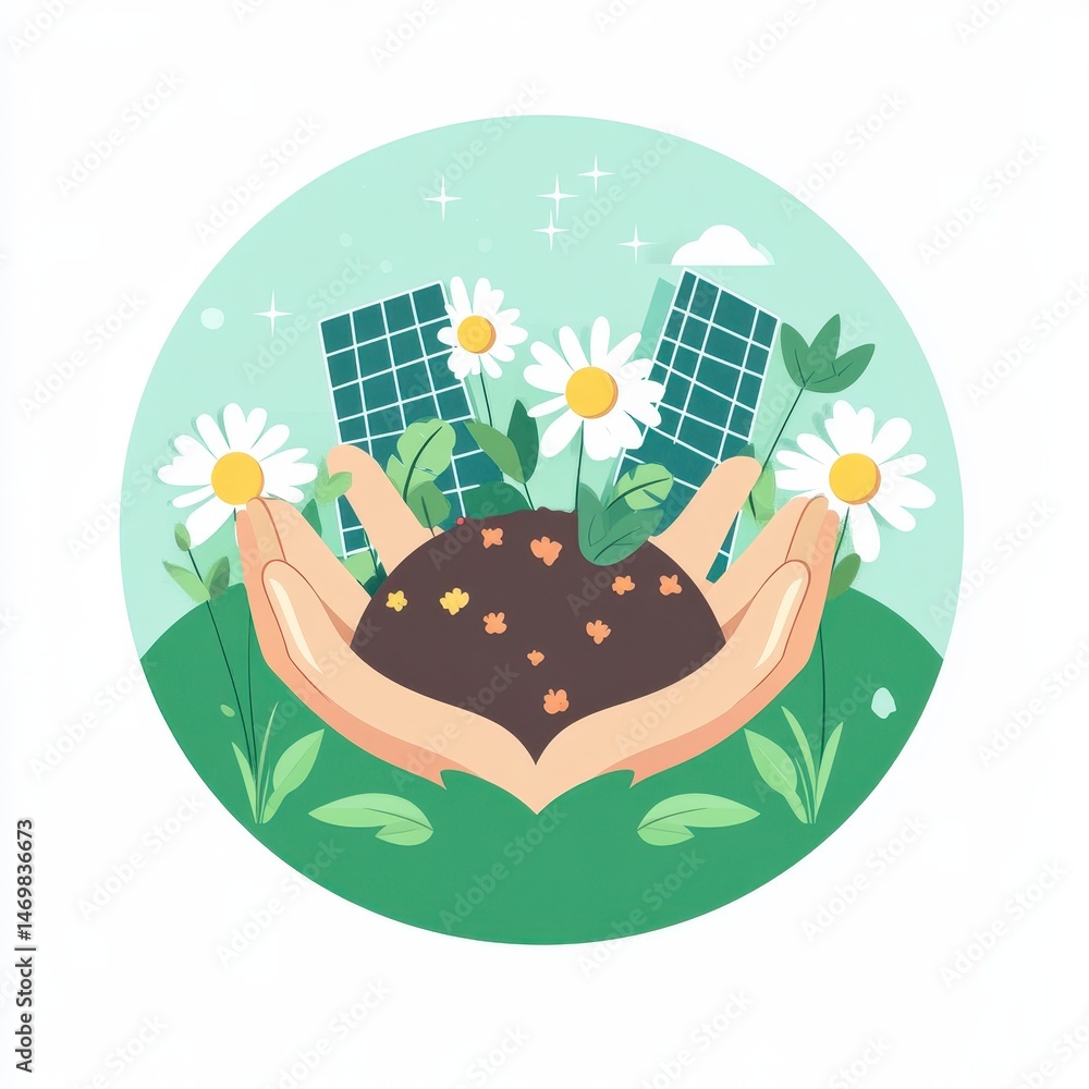 Obraz premium Hands Protecting Soil with Daisies and Solar Panels
