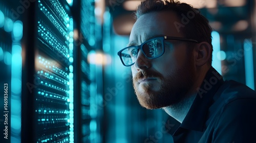 IT specialist managing server connections in high-tech data center facility