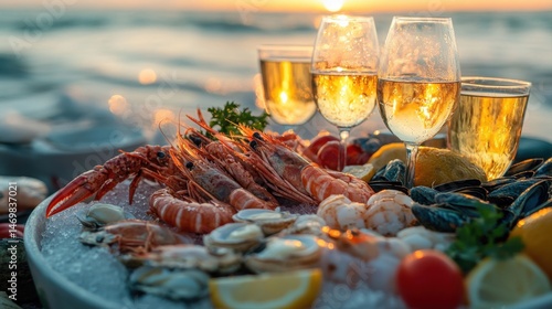 Fresh Seafood Platter with Glasses of Wine During Sunset at the Beachside