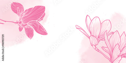 Abstract floral background with cyclamen pink line art of flowers and leaves. Hand drawn magnolia watercolor frame, border. Vector design of card, banner, invitation, advertising and packaging