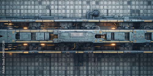 Detailed Horizontal Sci-Fi Wall Structure with Central Mechanical Element and Subtle Glowing Accents on Metal Panels
