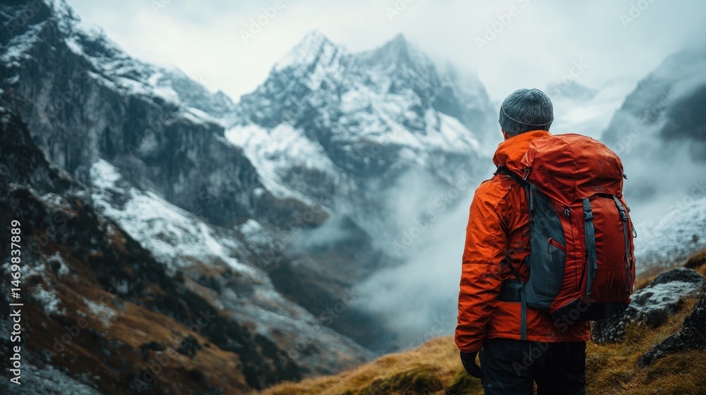 Naklejka premium Majestic Mountain Landscape with Hiker in Bright Red Jacket Amidst Snow-Capped Peaks and Dramatic Clouds