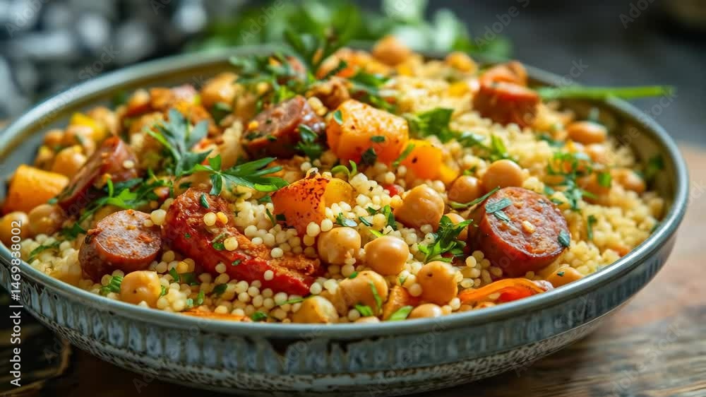 Algerian couscous in a large bowl, with vegetables, chickpeas, and spicy merguez sausage. A flavorful and traditional dish from Algeria Algerian couscous in a large bowl, with vegetables, chickpeas, and spicy merguez sausage. A flavorful and traditional dish from Algeria