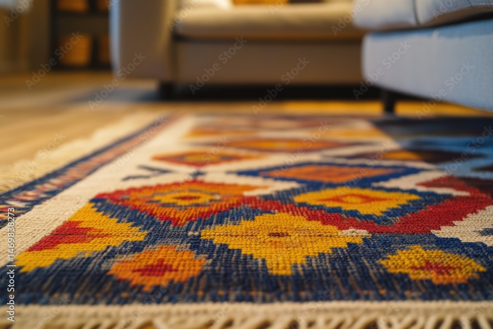 Fototapeta premium Close-up of a colorful patterned rug, showcasing intricate details and vibrant hues.