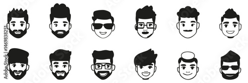 Male Hairstyles And Facial Hair Silhouette Set. Diverse Modern Men'S Haircuts And Beard Styles Isolated Vector Illustration Collection