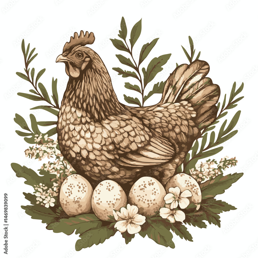 custom made wallpaper toronto digitalRustic Hen With Eggs Surrounded By Foliage And Flowers In Vintage Style Illustration