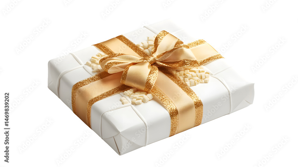 Elegant White Gift Box with Golden Ribbon Bow Isolated on Transparent Background Elegant White Gift Box with Golden Ribbon Bow Isolated on Transparent Background