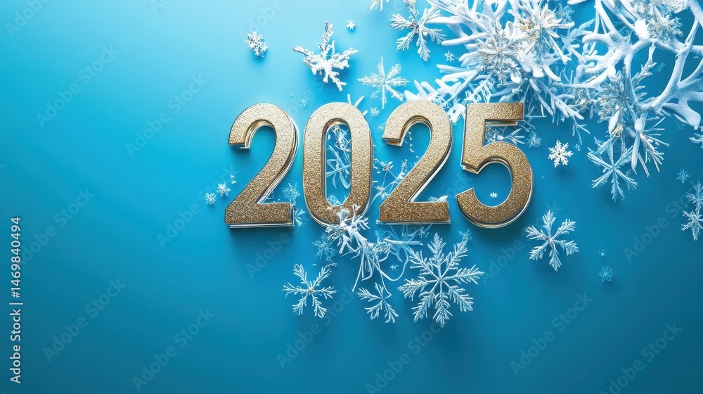 Gold Glitter 2025 on Blue Background with White Snowflakes Gold Glitter 2025 on Blue Background with White Snowflakes