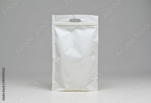 A white stand up pouch with a zipper and a handle on a white surface against a gray background