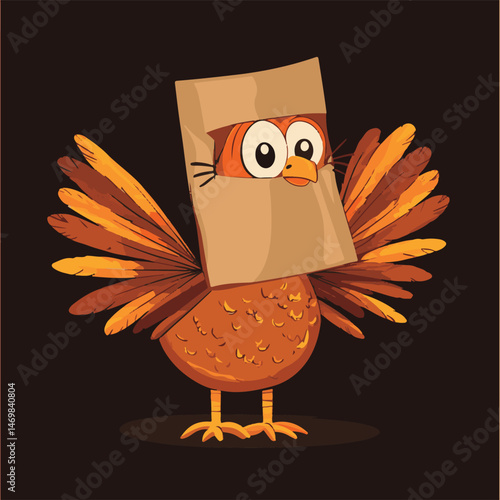 Cartoon Turkey Wearing Paper Bag Mask For Thanksgiving Celebration Cute Vector Illustration Holiday Character Animal Art