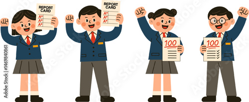 Happy students holding perfect score tests with big smiles, celebrating academic success.