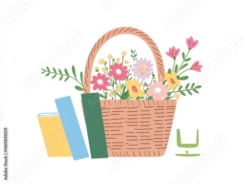 Pastel Flower Arrangement in Wicker Basket with Books