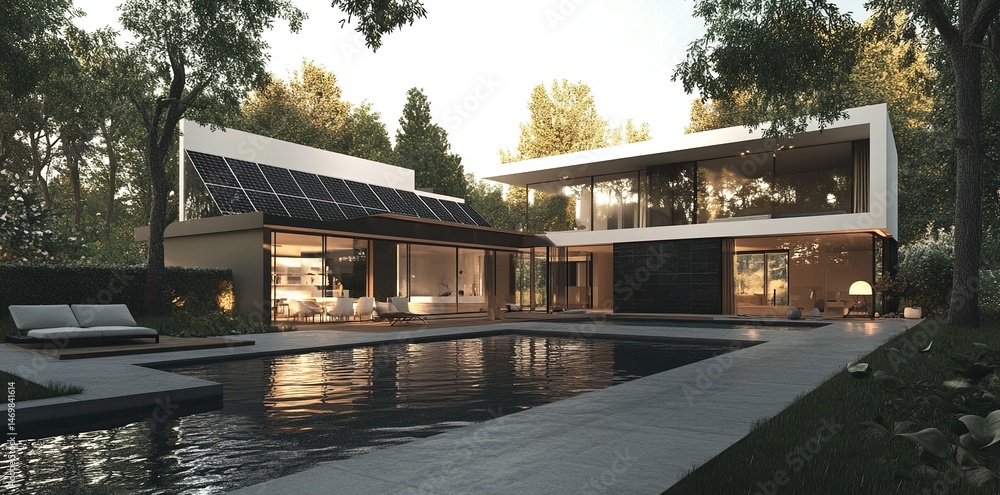 Obraz premium 3D rendering of a modern house with solar panels on the roof and a swimming pool in the garden at evening time. Realistic home exterior design, black tiles for the gable wall, white walls,