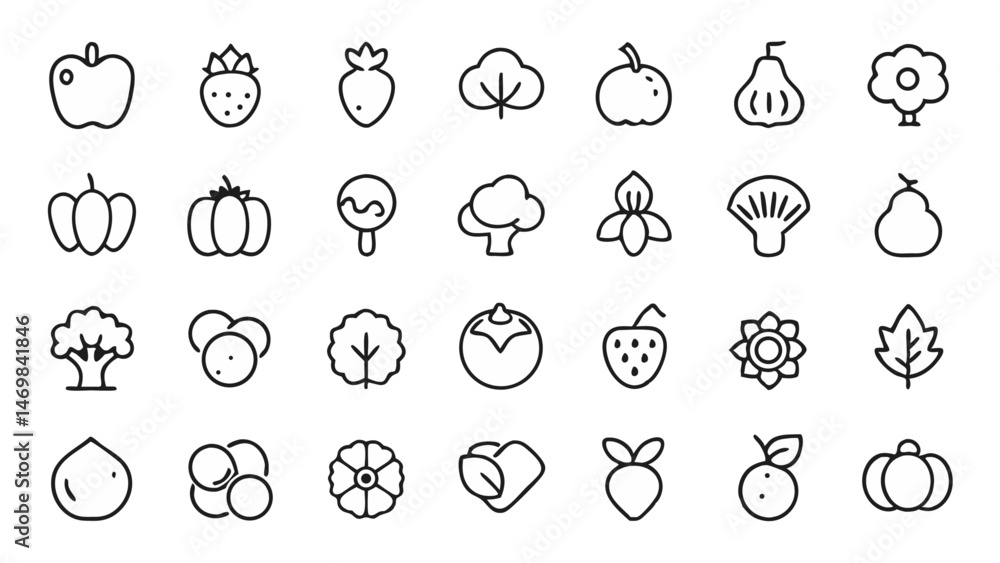 Fototapeta premium Healthy vegetables vector line icons focusing on broccoli and leafy greens designed for diet guides vegan food infographics and wellness presentations