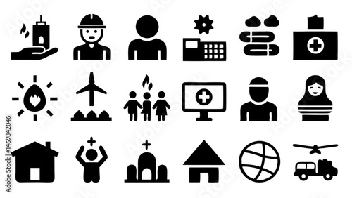 Present the long term effects of warfare using this impactful line icon collection crafted for visual storytelling projects that highlight human suffering and destruction