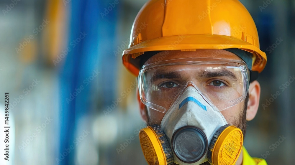 A man wearing a yellow hard hat and protective goggles, standing in a factory setting with industrial equipment in the background. A man wearing a yellow hard hat and protective goggles, standing in a factory setting with industrial equipment in the background.