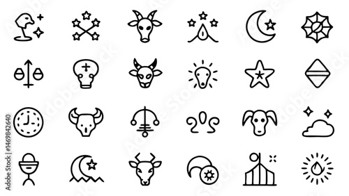 Zodiac line icon set featuring vector pictograms of Aries and Taurus astrology signs in a clean and minimal outline style perfect for digital or print design needs