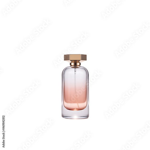 A sleek transparent glass perfume bottle with a gold hexagonal on transparent background