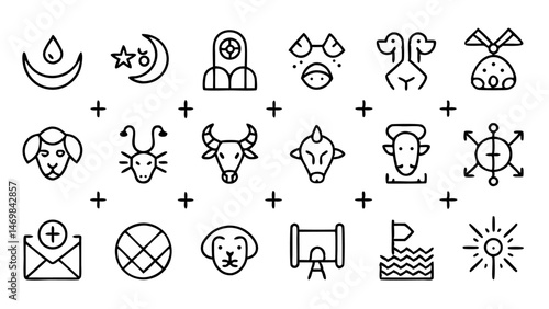 Zodiac line icon set featuring vector pictograms of Aries and Taurus astrology signs in a clean and minimal outline style perfect for digital or print design needs