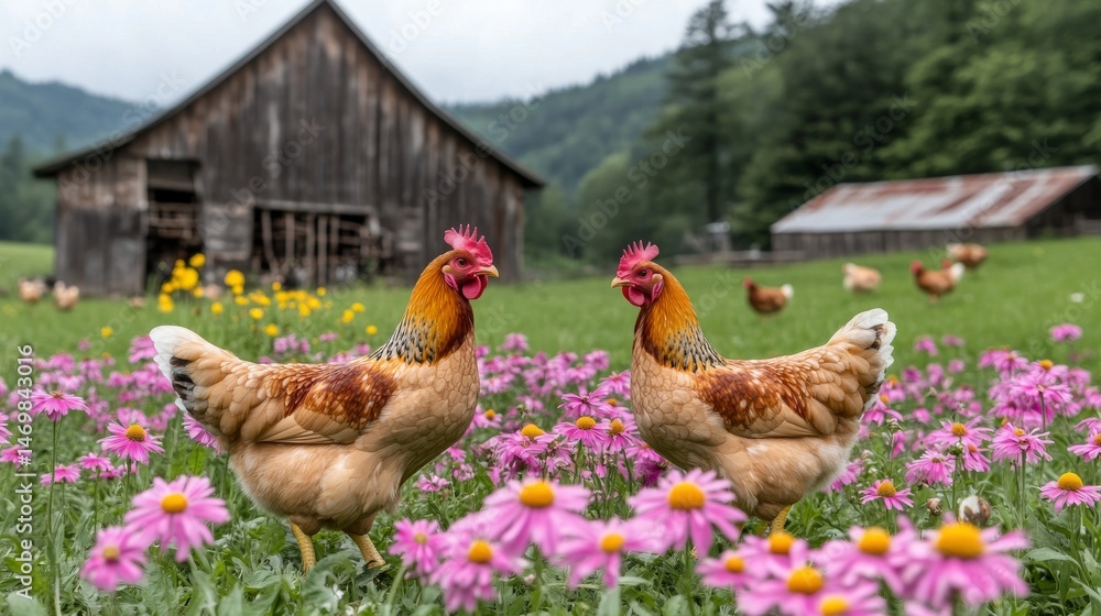 Fototapeta premium Image depicting a sunny day in a colorful garden where a vibrant farmyard is inhabited by chickens and a rooster