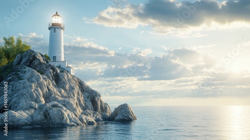 Lighthouse on Rocky Coast at Sunset