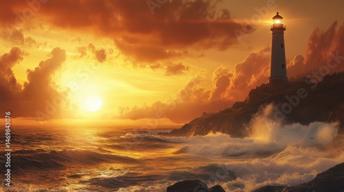 Lighthouse on Rocky Coast at Sunset