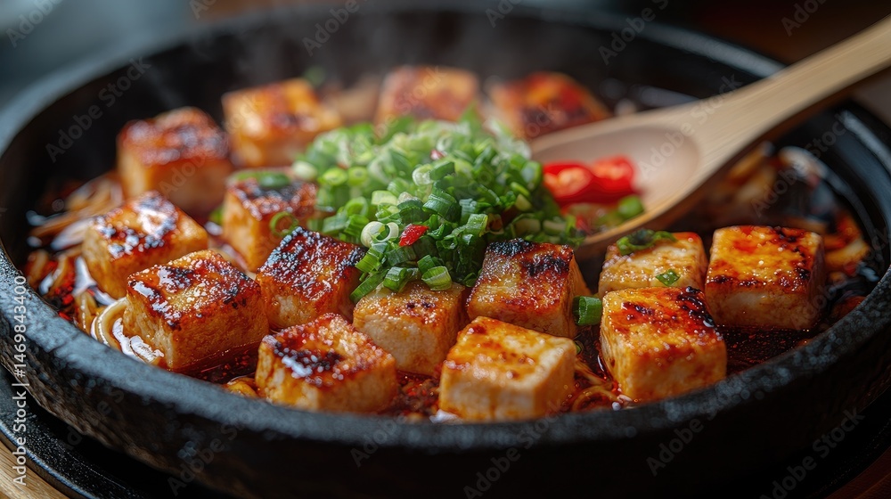 Close-up view of pan-fried tofu cubes with noodles. Close-up view of pan-fried tofu cubes with noodles.