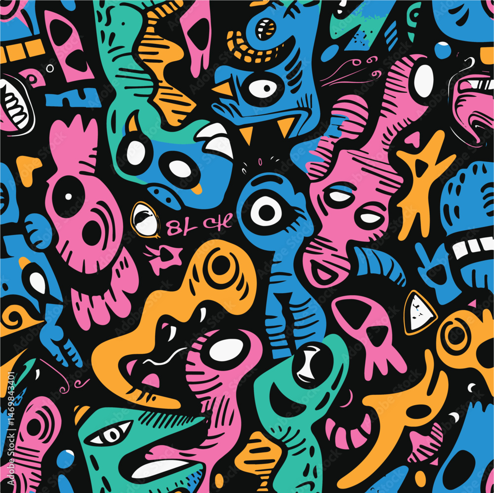 Colorful Hand-Drawn Abstract Pattern with Fun Elements