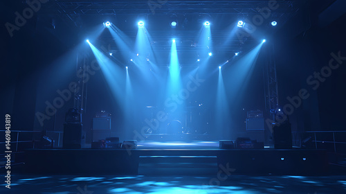 Dramatic stage lighting illuminating an empty concert venue, ready for a live performance